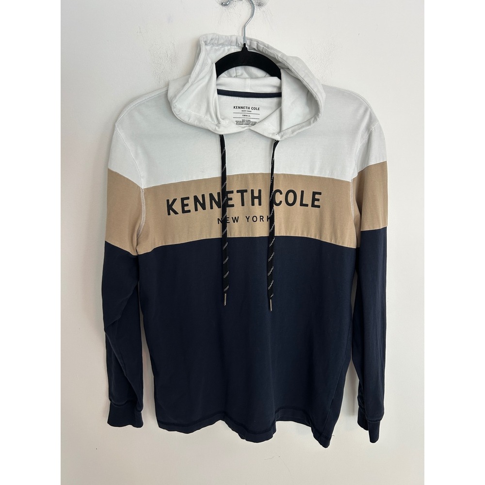 Kenneth Cole New York Colorblock Hoodie Long Sleeve Tee Navy Tan White Small